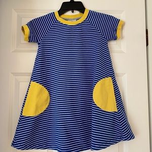 Hanna Andersson Size 6-7Y Blue/White Striped Dress with Yellow Pockets